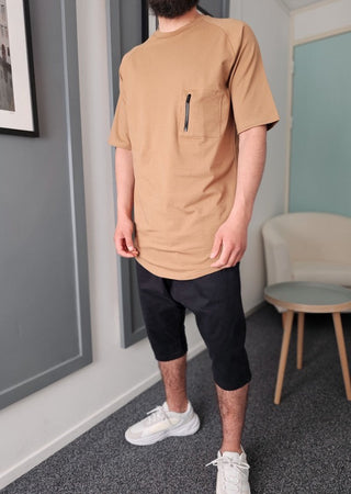 Lang T-shirt 'Technical' Camel van Qawy